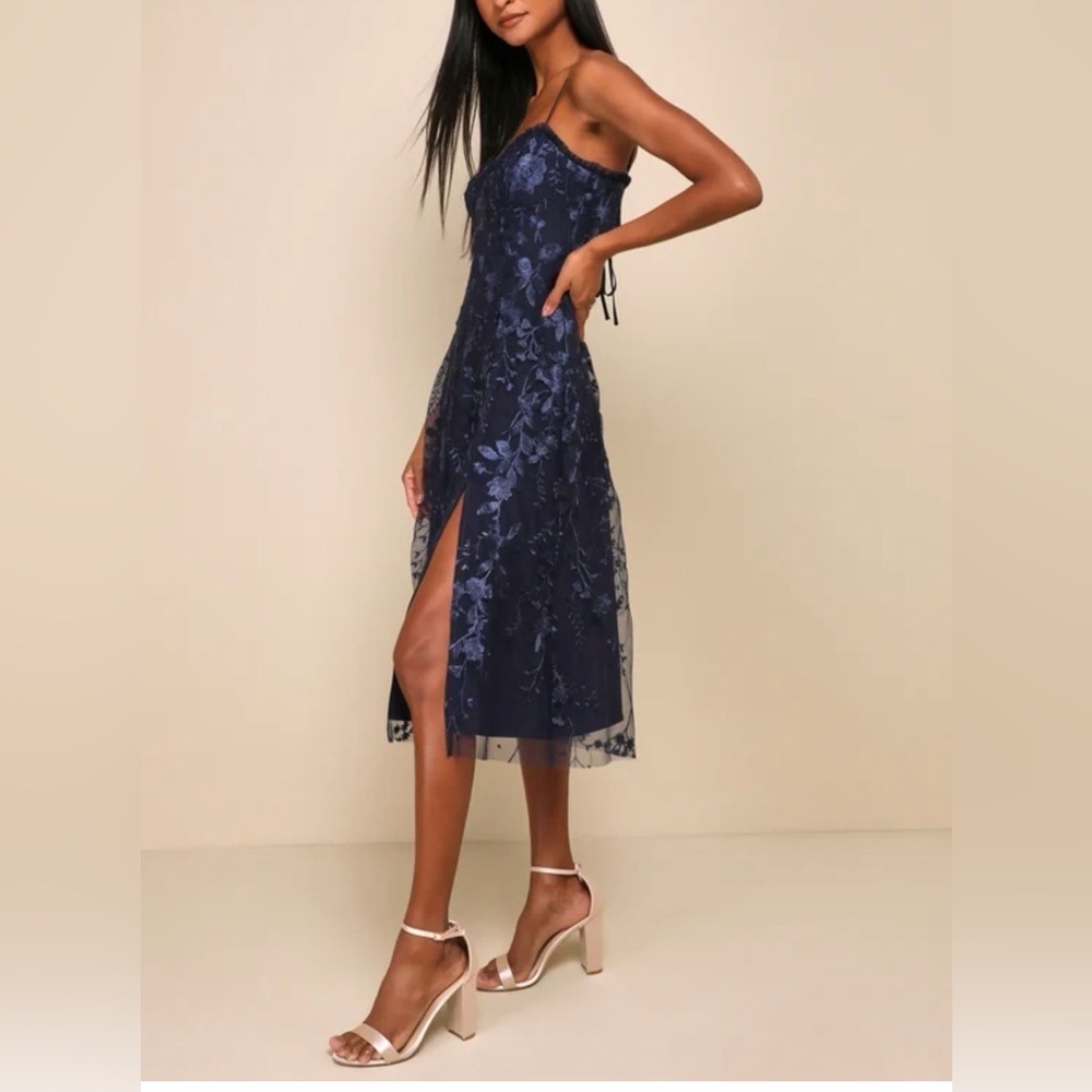 Charmingly Sophisticated Navy Blue Tulle Embroidered Midi Dress - Picture 3 of 16